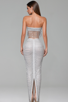 Strapless Crystal Fringe Draped Gown - LAROSABRIDE