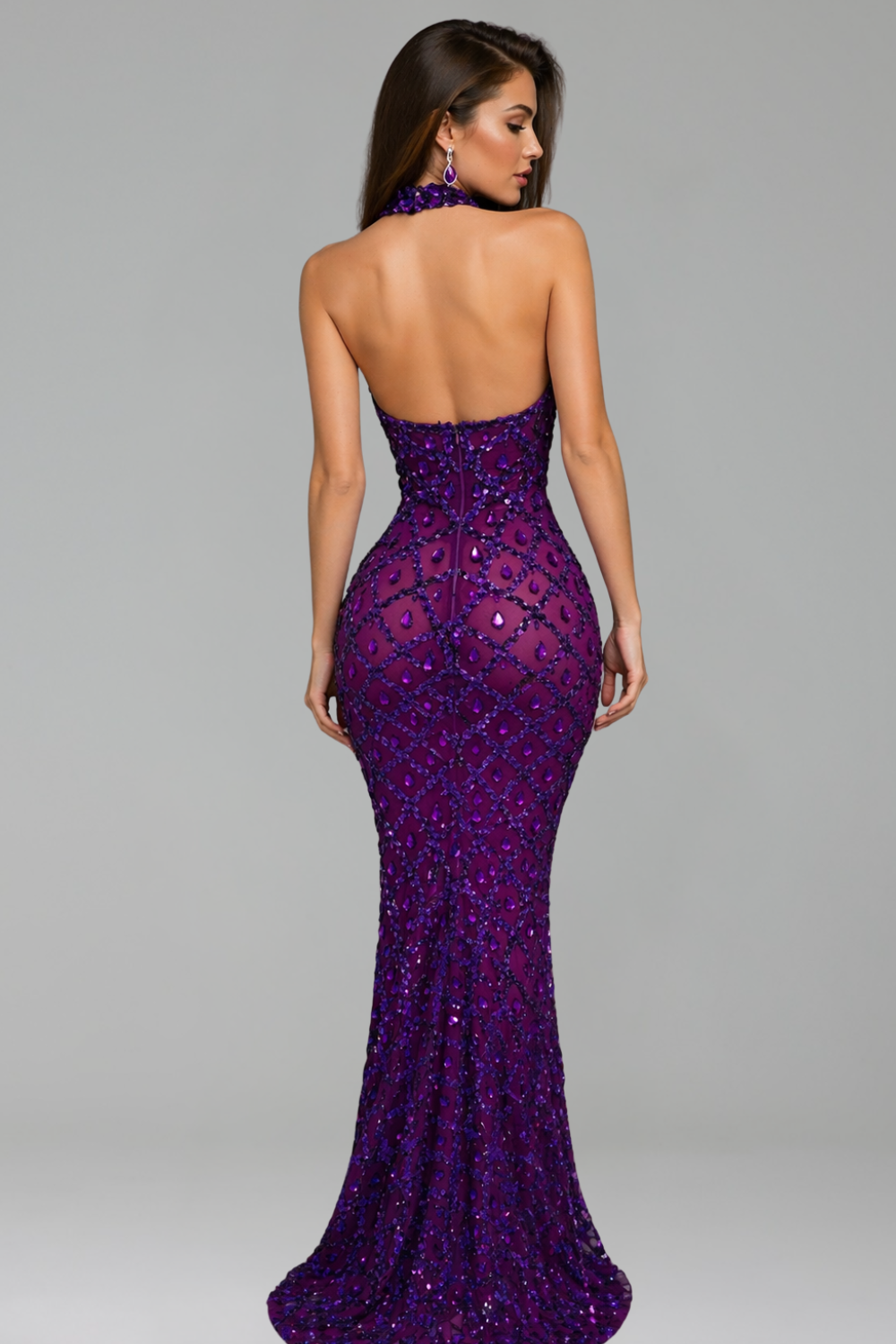 Halter Neck Crystal Embellished Fitted Gown - LAROSABRIDE