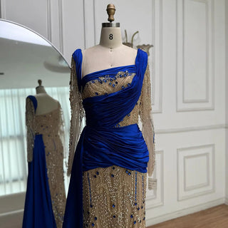 Royal-Blue Draped Crystal Gown