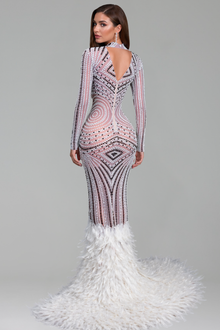 Beaded Illusion Feather Train Gown - LAROSABRIDE