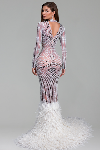 Beaded Illusion Feather Train Gown