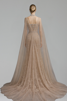 Beaded Spaghetti Strap Mermaid Dress with Cape-Larosabride