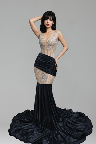 Illusion Beaded Draped Mermaid Gown - LAROSABRIDE