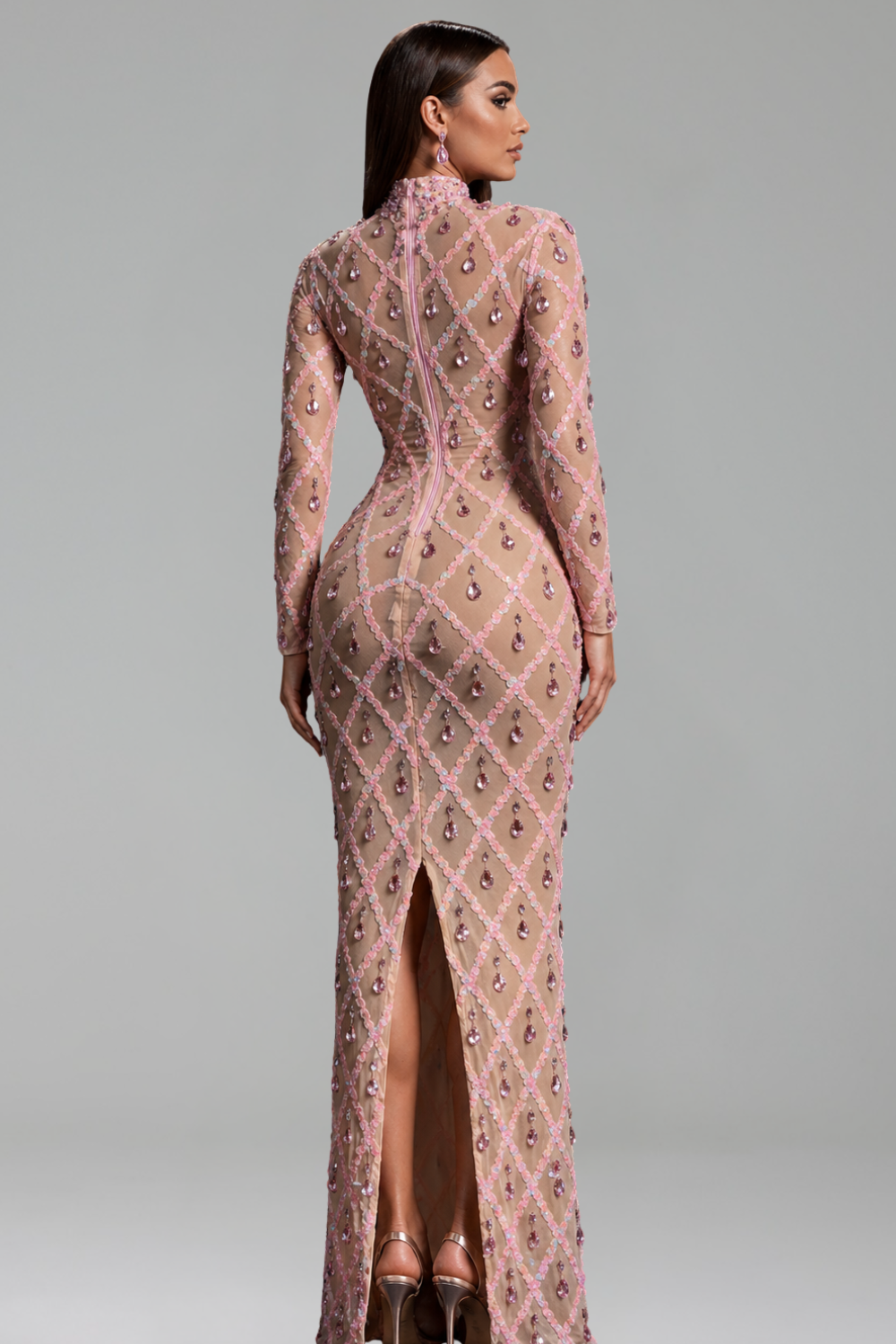 Embellished Illusion Bodycon Maxi Dress - LAROSABRIDE