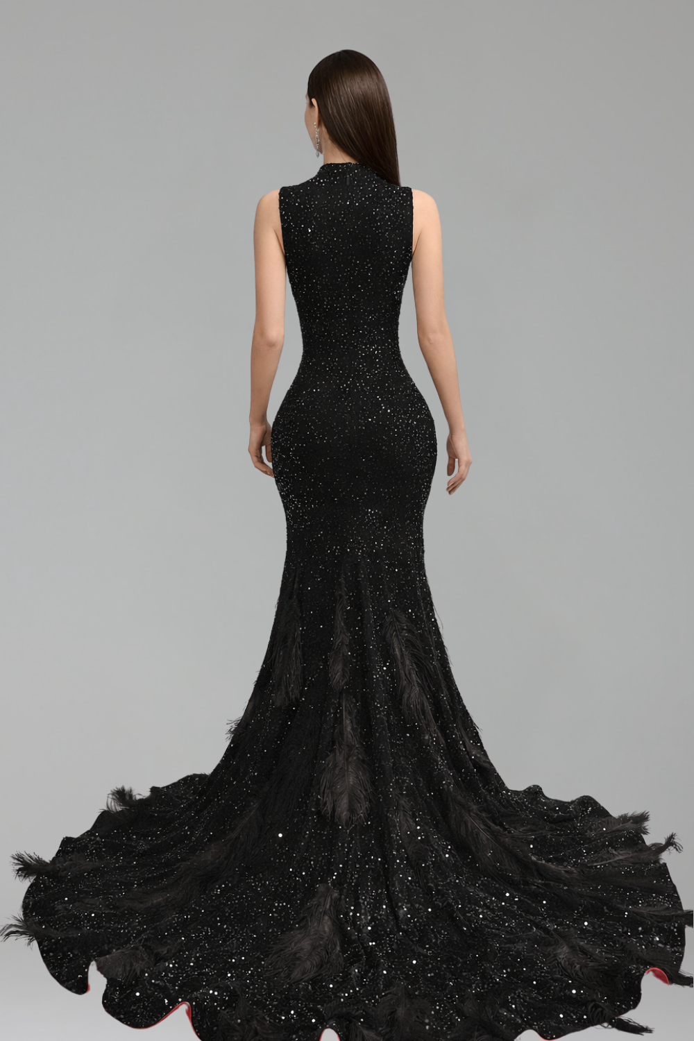 Beaded Cutout Feather Train Dress - LAROSABRIDE