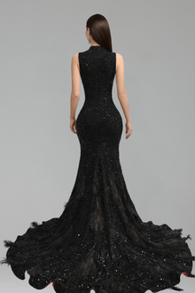 Beaded Cutout Feather Train Dress - LAROSABRIDE