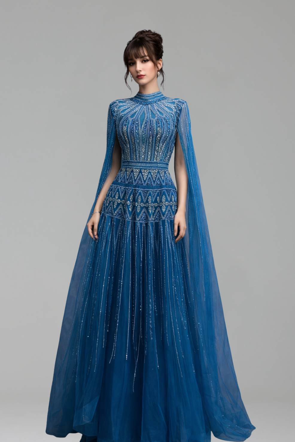 Beaded Dress with Cape Sleeves - LAROSABRIDE