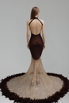 Beaded Halter Mermaid Feather Gown - LAROSABRIDE