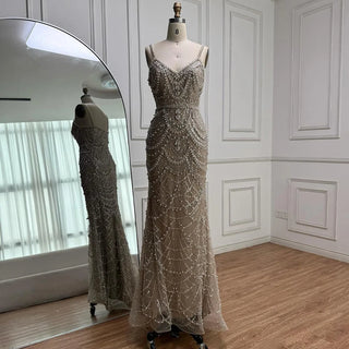2025 Custom Nude Beaded Mermaid Evening Dress – Pearl Embellished Gown with Spaghetti Straps