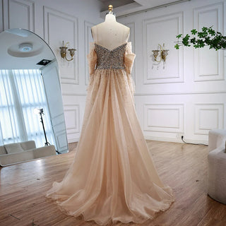 Ships in 2 to 5 Days - 2025 Custom Off-Shoulder Nude Beaded Mermaid Evening Dress – Saudi-Inspired Gown with Overskirt for Formal Occasions