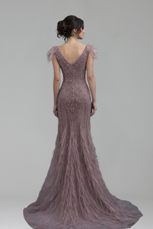 Beaded Feather Mermaid Evening Gown - LAROSABRIDE