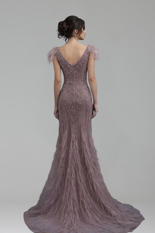 Beaded Feather Mermaid Evening Gown - LAROSABRIDE