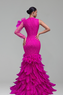One-Shoulder Feathered Mermaid Gown - LAROSABRIDE