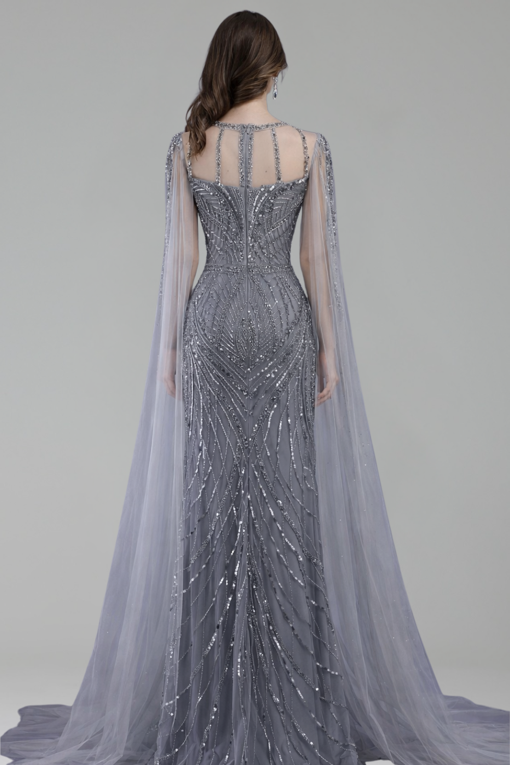 Beaded Mermaid Dress with Cape Sleeves - LAROSABRIDE