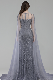 Beaded Mermaid Dress with Cape Sleeves - LAROSABRIDE