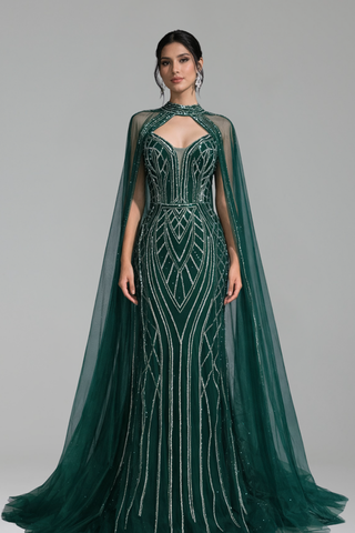 Beaded Mermaid Cape Sleeve Gown - LAROSABRIDE