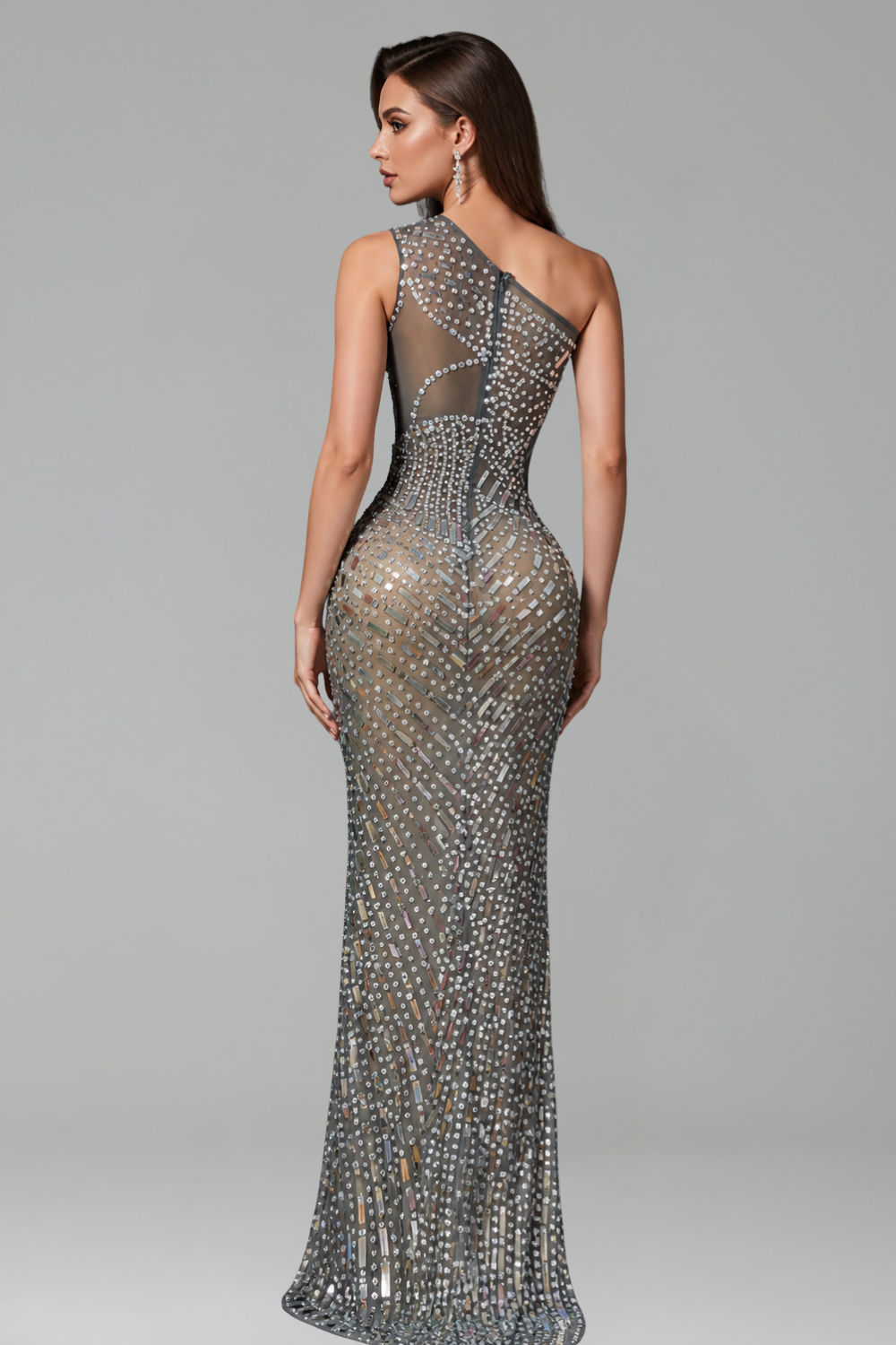 Crystal One-Shoulder Slit Dress - LAROSABRIDE