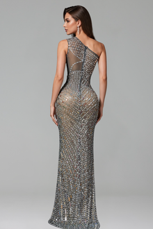 Crystal One-Shoulder Slit Dress - LAROSABRIDE