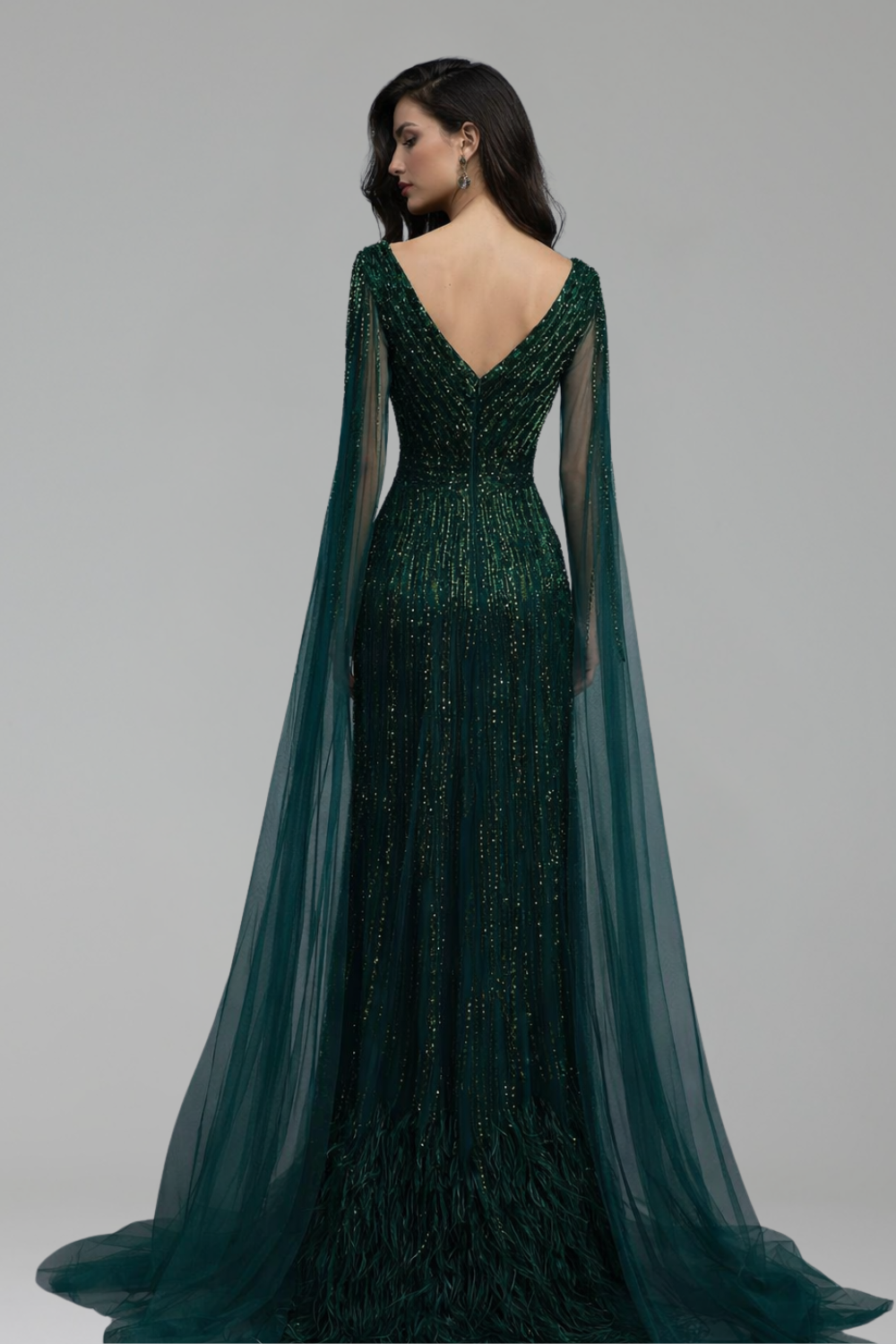Beaded Feather Mermaid Cape Gown - LAROSABRIDE