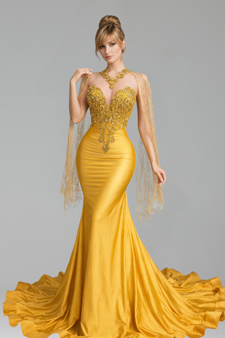 Embroidered Cape Mermaid Evening Gown - LAROSABRIDE