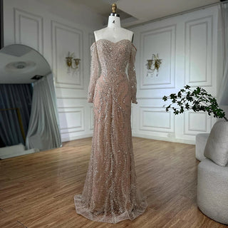 Ships in 2 to 5 Days - Luxury Beaded Off-Shoulder Evening Gown – Long Sleeve Dress with Sparkling Sequins