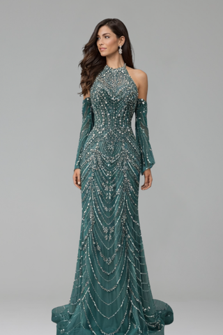 Halter Beaded Mermaid Evening Dress - LAROSABRIDE