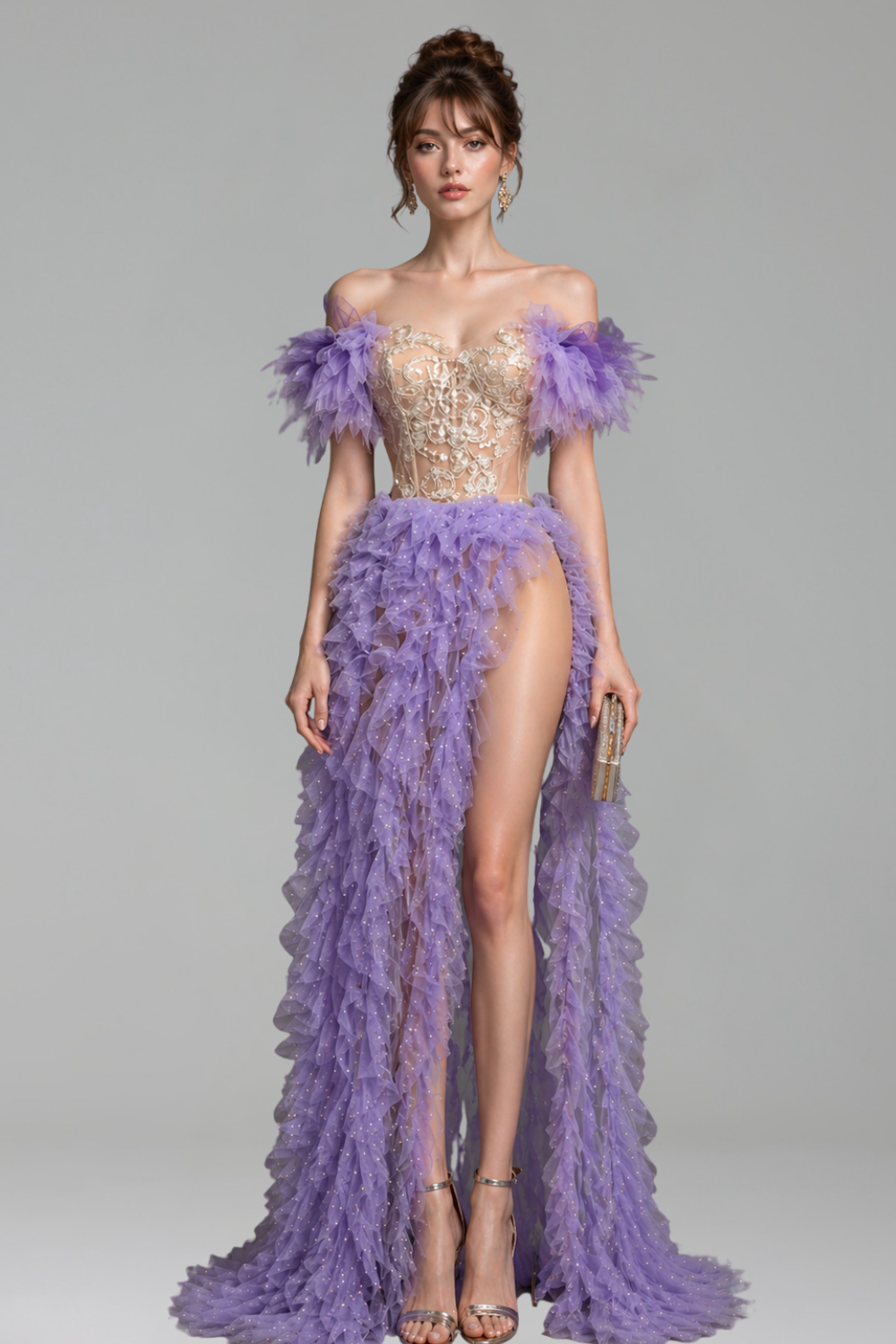 Feathered Corset Ruffle High Slit Dress - LAROSABRIDE