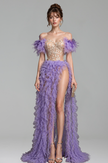 Feathered Corset Ruffle High Slit Dress - LAROSABRIDE