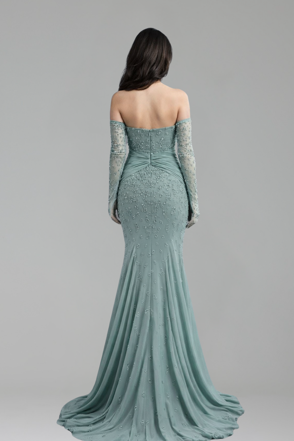 Strapless Ruched-Sleeve Embellished Gown - LAROSABRIDE