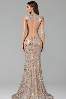 Gold Mirror Embellished Sheath Gown - LAROSABRIDE