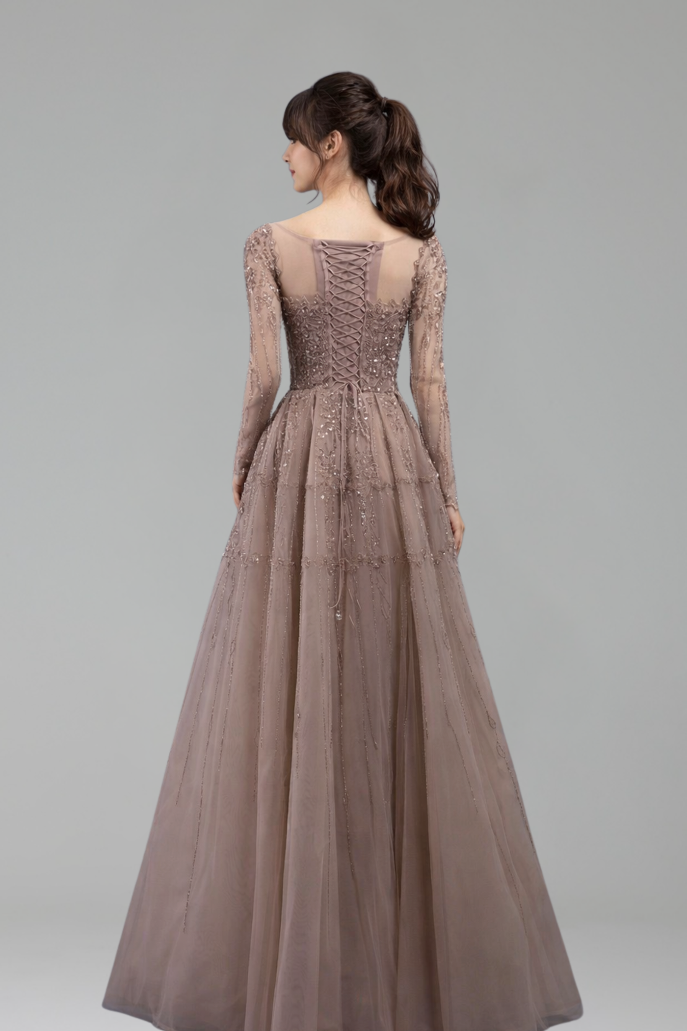 Caramel A-Line Beaded Evening Gown with Lace-Up Back - LAROSABRIDE