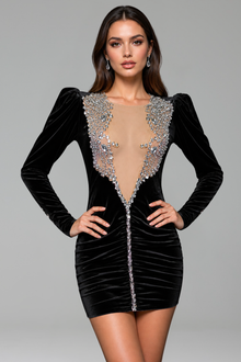 Ruched Crystal Front Puff-Sleeve Mini Dress - LAROSABRIDE