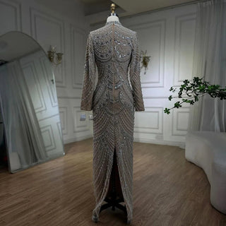 Ships in 2 to 5 Days - 2025 Muslim Nude Elegant Mermaid High Split Beaded Luxury Evening Dress - Gown for Women's Wedding Party