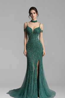 Beaded Spaghetti Strap Split Gown - LAROSABRIDE