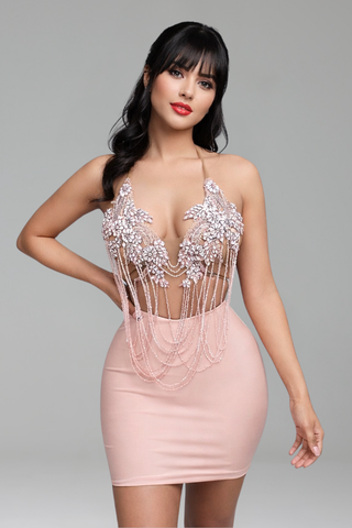 Sheer Lace Draped Chain Mini Dress - LAROSABRIDE