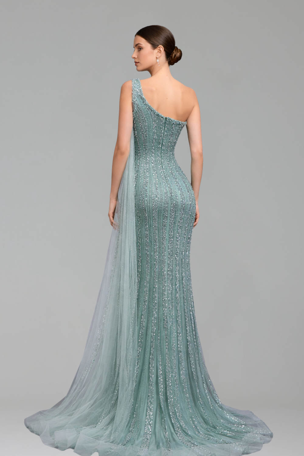 One-Shoulder Cape Mermaid Dress-Larosabride