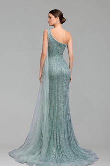One-Shoulder Cape Mermaid Dress-Larosabride