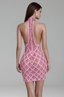Embellished Halter Neck Mini Dress - LAROSABRIDE