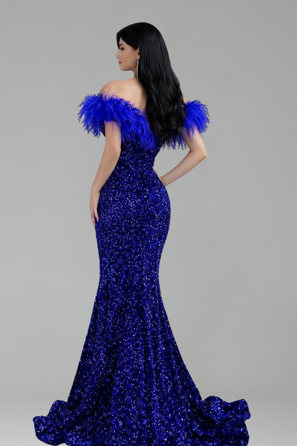 Feathered Off-Shoulder Sequin Mermaid Gown - LAROSABRIDE