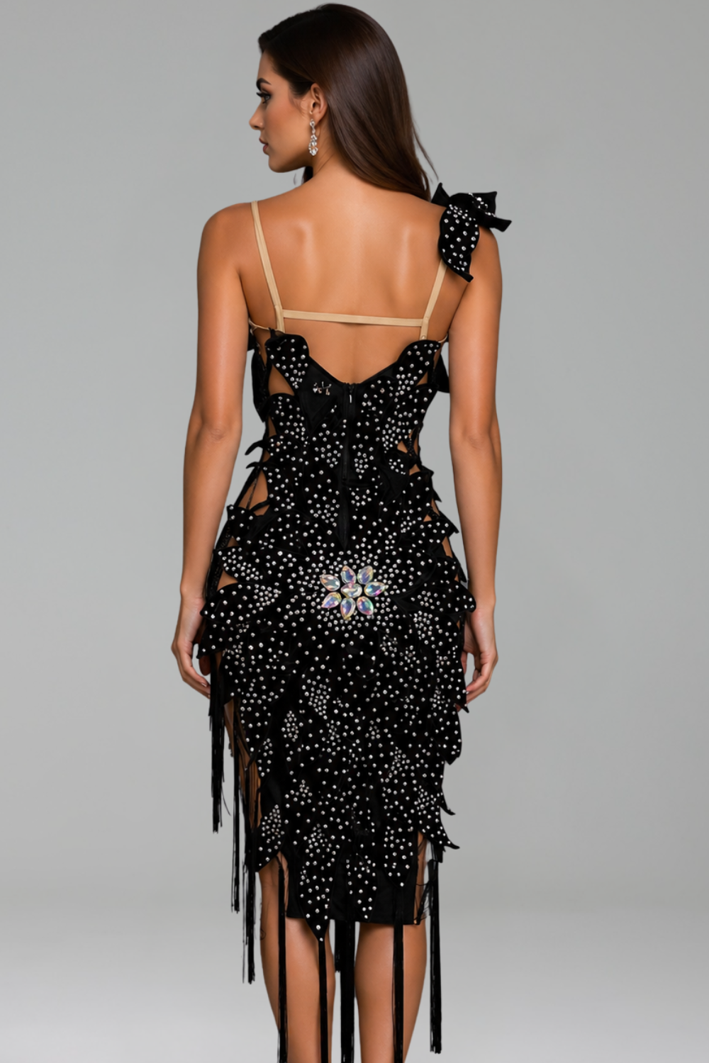 Crystal Leaf Fringe Asymmetric Dress - LAROSABRIDE