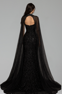 Beaded Mesh Cape Gown - LAROSABRIDE