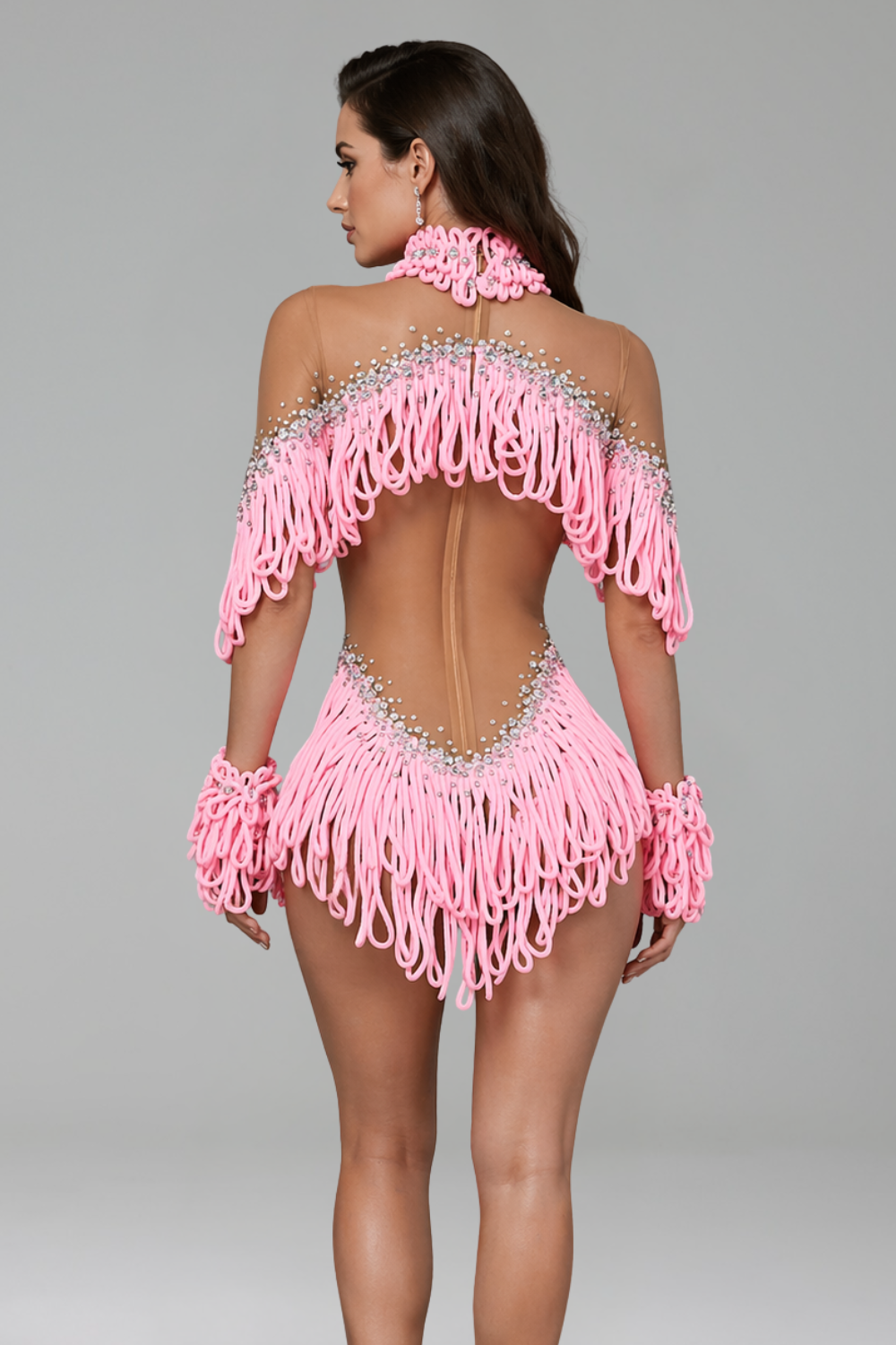 Loop Fringe Crystal Cutout Bodysuit - LAROSABRIDE
