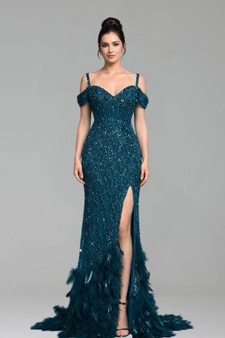 Feather Beaded Split Mermaid Gown