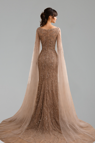 Caramel Beaded Evening Gown with Cape Sleeves - LAROSABRIDE