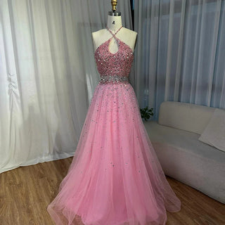 Ships in 2 to 5 Days - Customized Saudi Arabic Caramel Halter Beaded Tulle A-Line Evening Dress – Party Gown for Formal Occasions