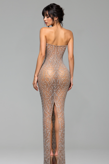 Sheer Crystal Embellished Column Gown - LAROSABRIDE