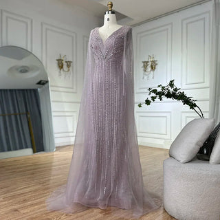 Ships in 2 to 5 Days - 2025 Custom Arabic Pink Luxury Evening Gown – Beaded Dress with Cape Sleeves for Weddings & Parties