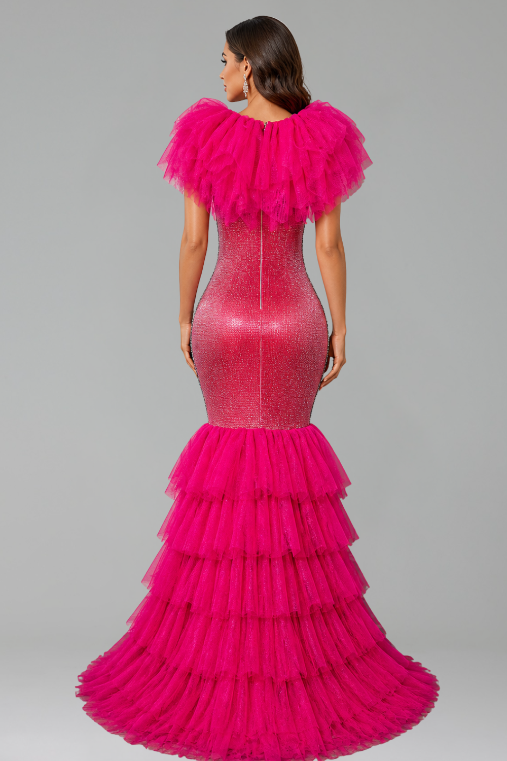 Crystal Feathered Shoulder Tulle Dress - LAROSABRIDE