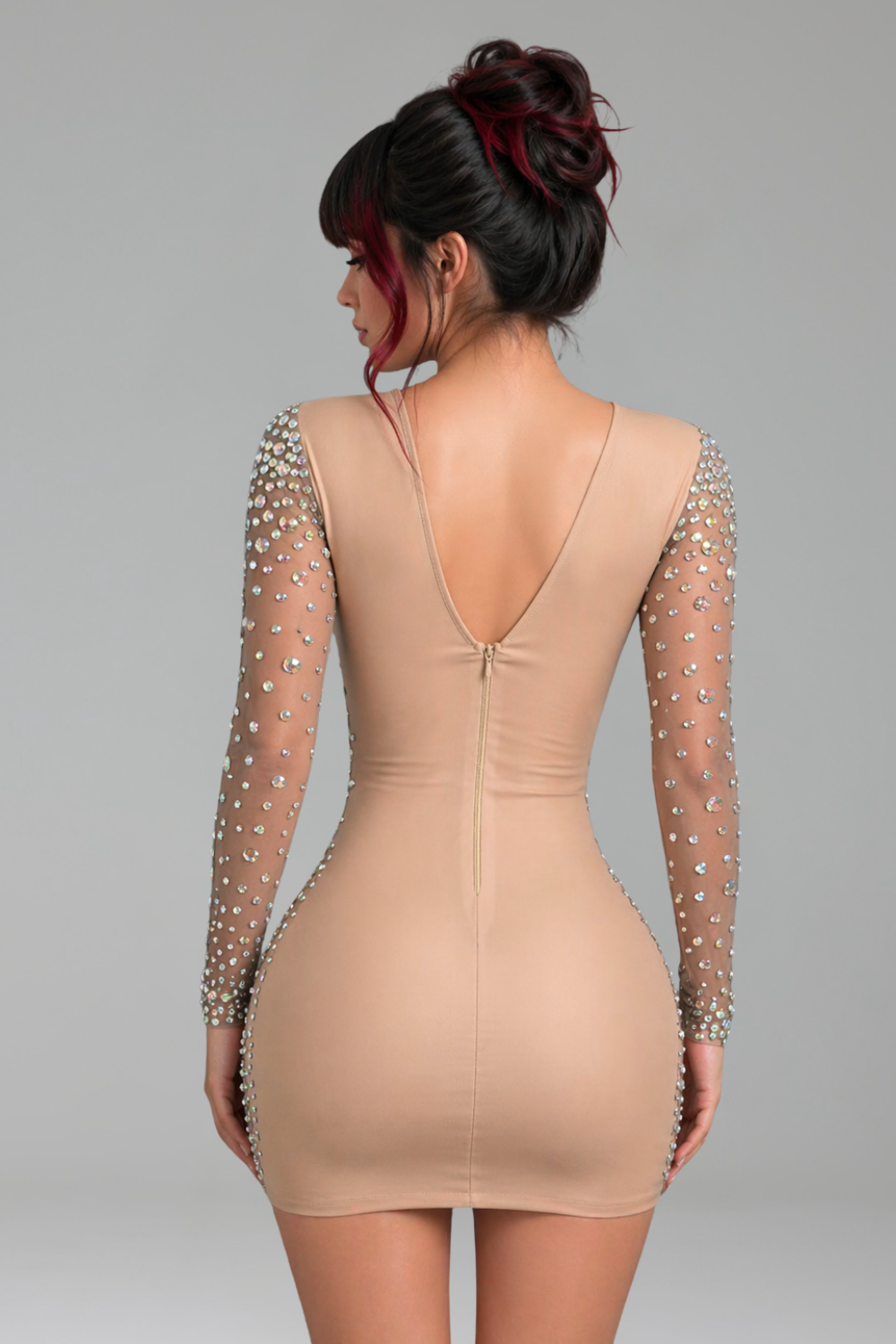 Rhinestone Long-Sleeve Deep-Plunge Mini Dress - LAROSABRIDE