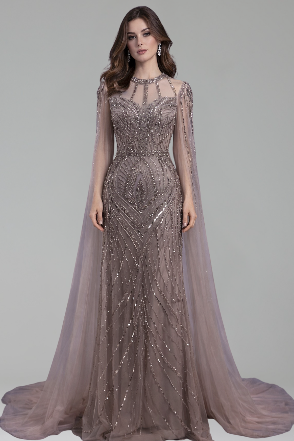 Beaded Mermaid Dress with Cape Sleeves - LAROSABRIDE